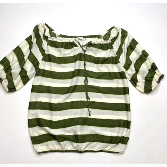 Womens OLD NAVY Green Stripe 1/2 Balloon Sleeve Elastic Waist Top Sz Medium NEW - Picture 4 of 10